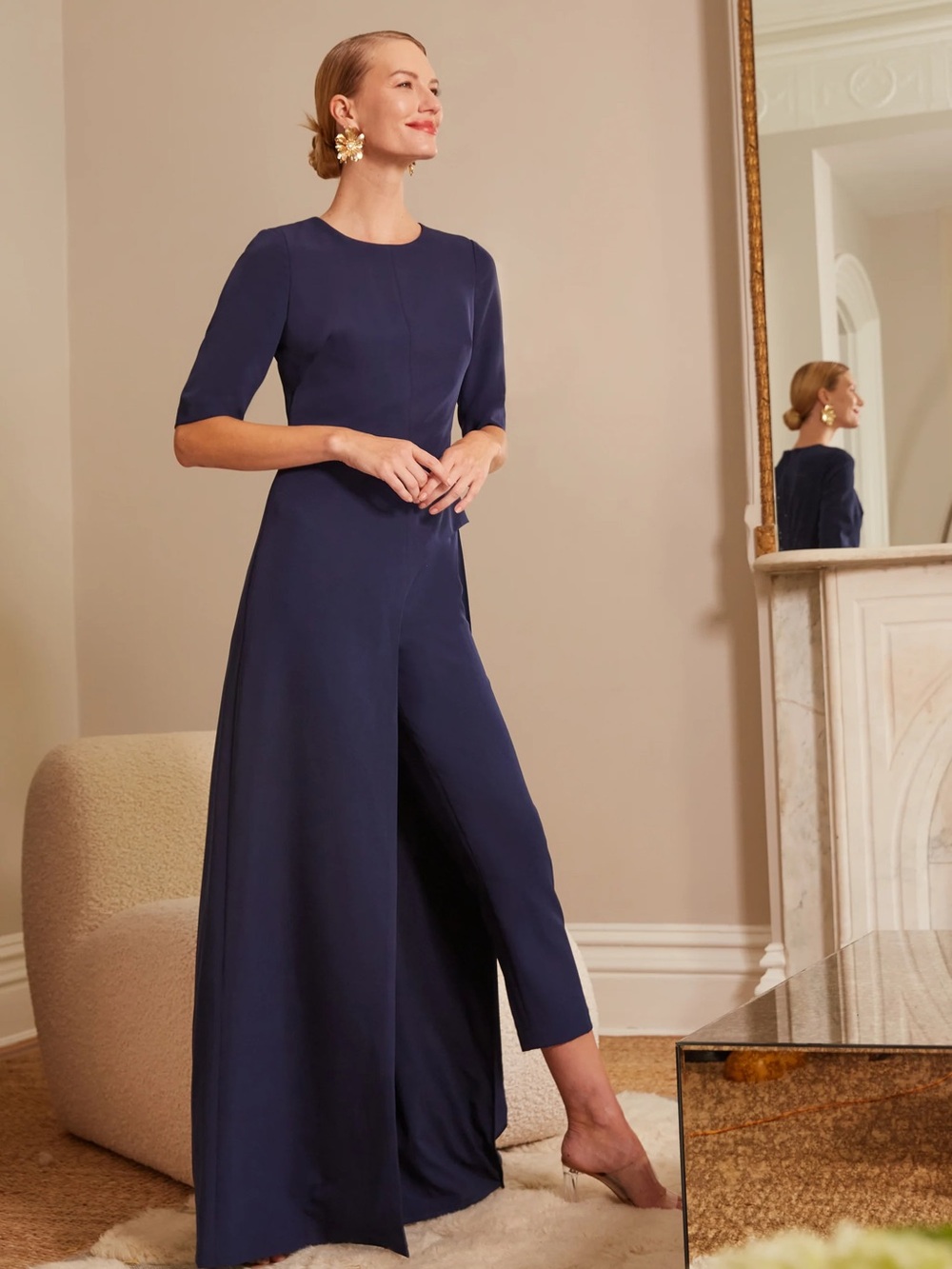 Kay Unger Navy Short-Sleeve Wide-Leg walk through Jumpsuit